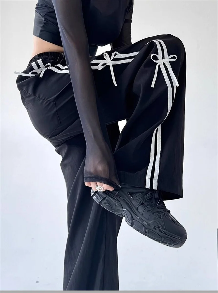 High Street Women's Wide Leg Pants Stripe Drawstring Y2K Gothic Hip Hop Cargo Pants Hotsweet Matching Female Trousers Summer New