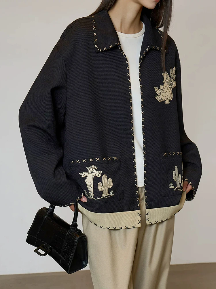 Women Black Embroidered Jacket Vintage Western Applique Loose Fit Short Coat Casual Overshirt Fall Outerwear