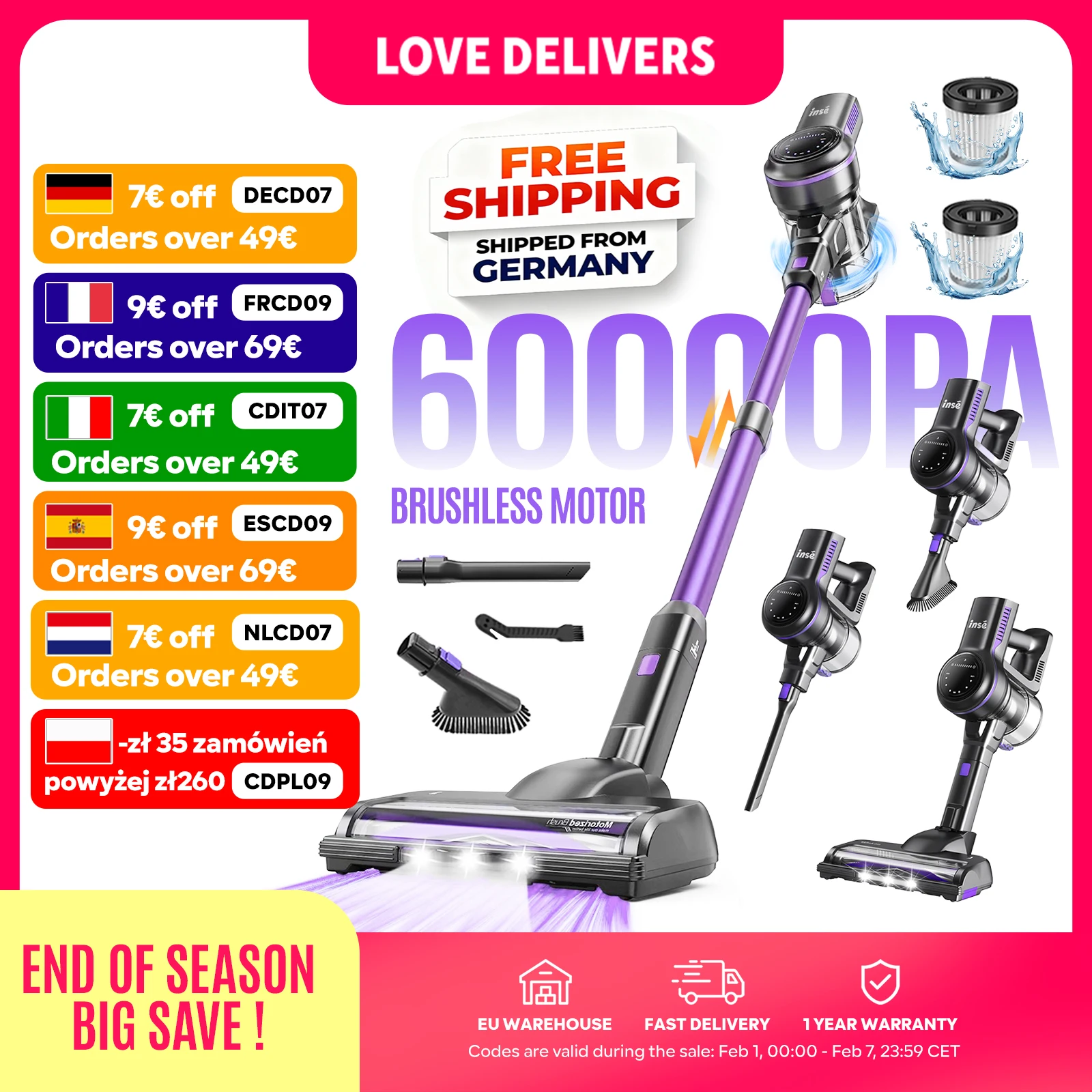 Inse S7P Aspirateur sans Fil, 60KPa, Tasse à Poussière de 1,3 L, Batterie Amovible, pour les Poils D'animaux, Tapis, Sols Durs