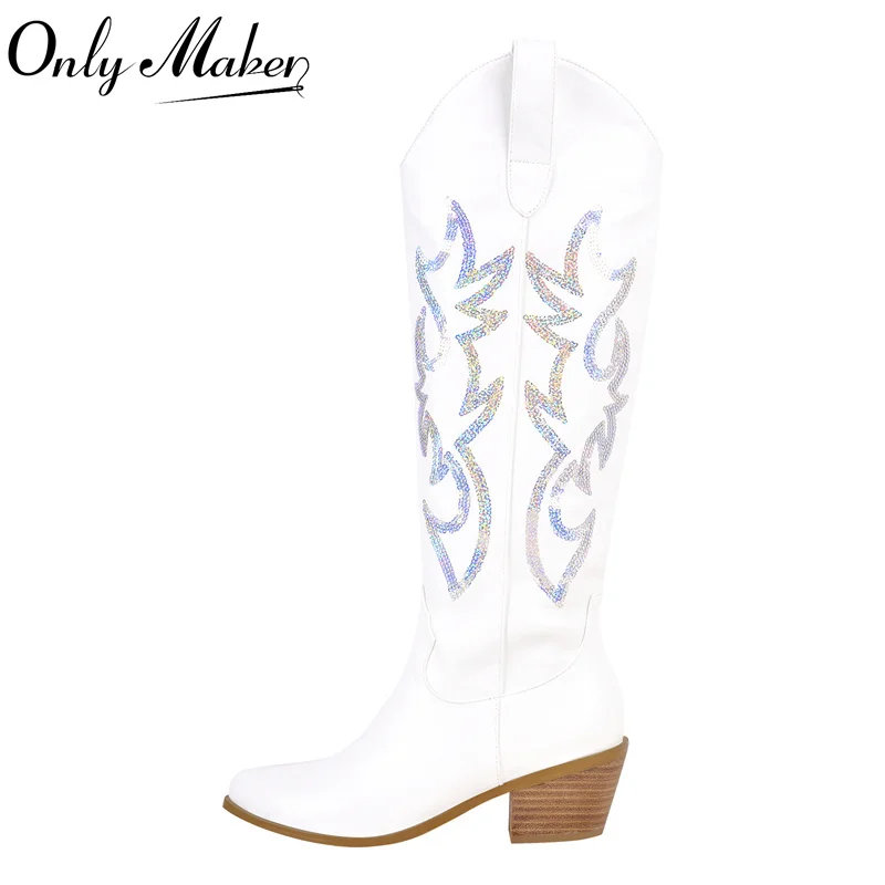 

Onlymaker Women White Pointed Toe Embroidered Western Cowboy Boots Block Heel Pull-On Big Size Cowgirl Booties