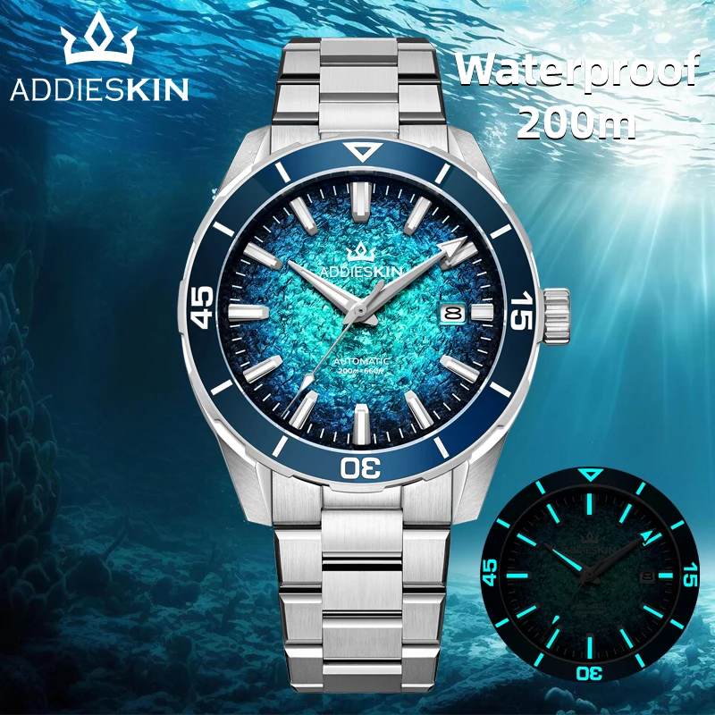 ADDIESKIN K005 40mm Ceramic Bezel Blue Dial 200m Waterproof BGW9 Lume Miyota 9015 Automatic Stainless Steel Gradient Men's Watch