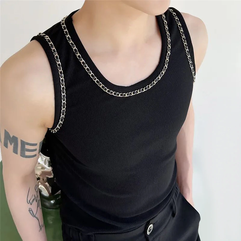 Mens Y2K chain design tight vest 2024 new genderless shaping streetwear personalized casual sexy nightclub versatile vest unisex