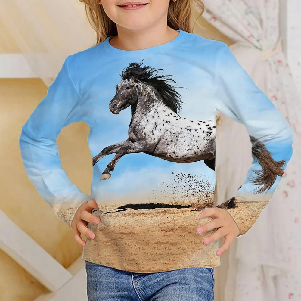 Korean Children\'s Clothing Autumn 2023 Fashion Horse Tshirt For Kids Boys T-Shirt Girls Clothes From 9 To 12 Years Long Sleeves