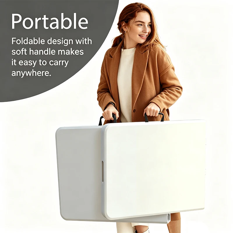 Foldable Plastic Dining Table 6 Feet, Portable White Rectangular Table with Built-in Handle, Heavy-Duty Steel Frame, Multi-Purpose Utility Table for Home, Wedding, Trade Show, Backyard Picnic & Outdoor Gathering