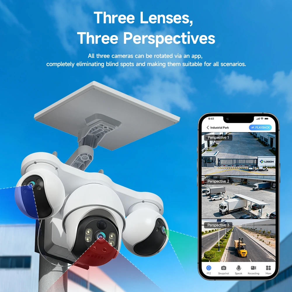 8MP WIFI Solar Security Camera Outdoor Three Lens Three Screens 10X Digital Zoom Waterproof Auto Tracking Security CCTV Cameras