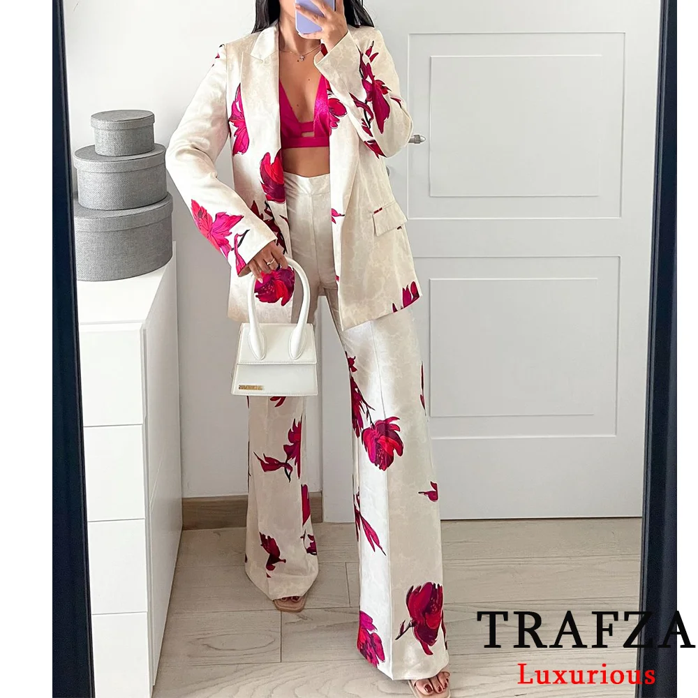 TRAFZA Vintage Flower Print Women Suits V Neck Long Sleeve Oversized Blazer+High Waist Wide Leg Pants Fashion 2024 Autumn Suits