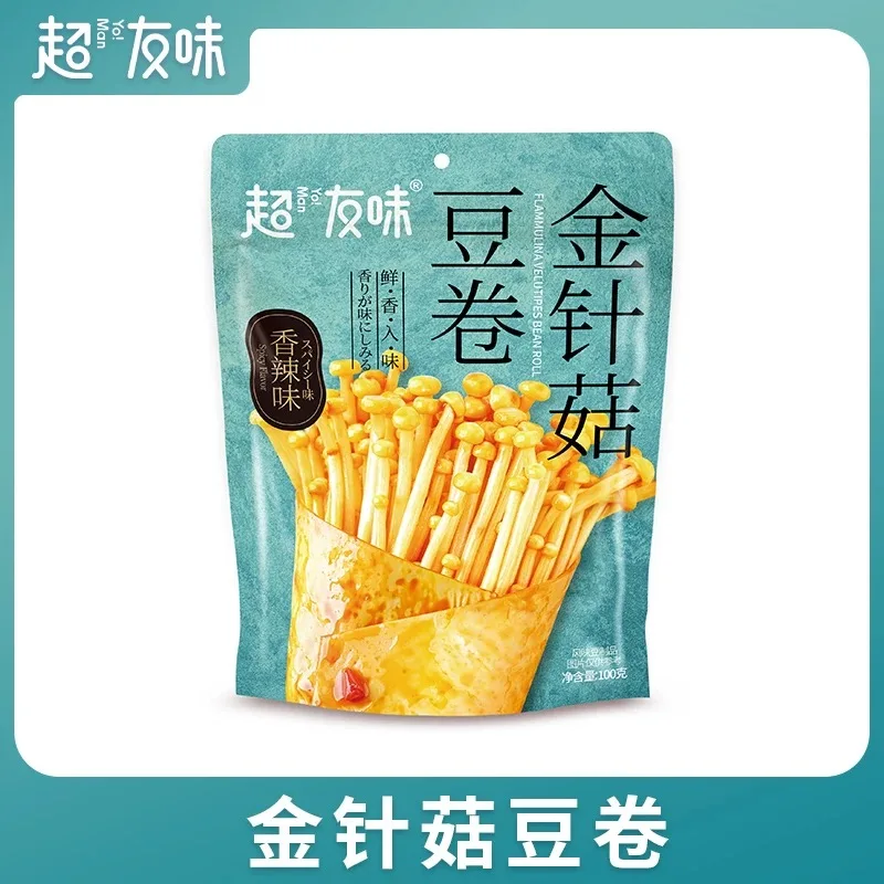 Spicy Enoki Mushroom Tofu Roll Snack 100g – Envoltura de piel de cuajada de frijol vegana, sabor Umami, aperitivo chino listo para comer (paquete de 3)