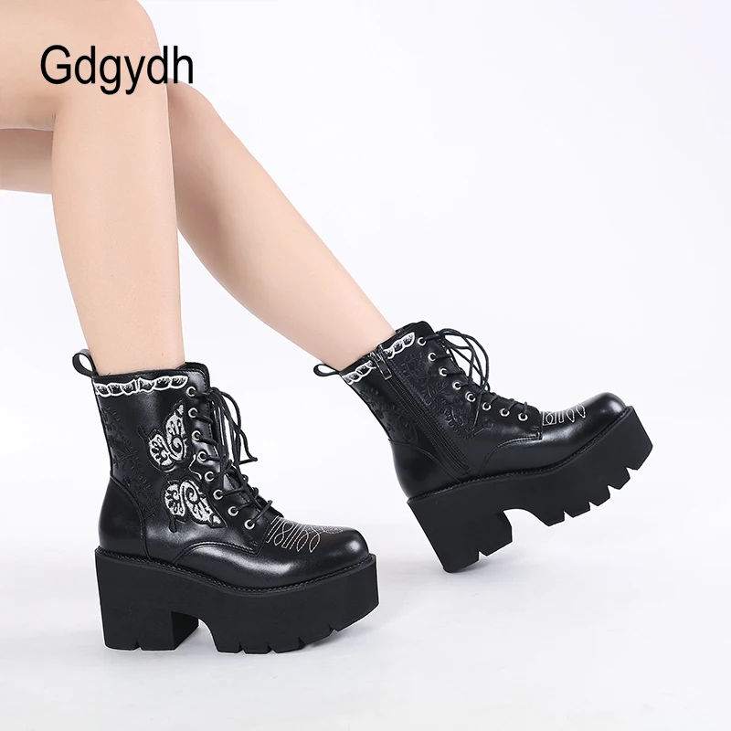 Gdgydh Women\'s Platform Boots Lace Up and Zipper Chunky Heels Black Dark Combat Ankle Booties Fashion Embroider Studded Boots