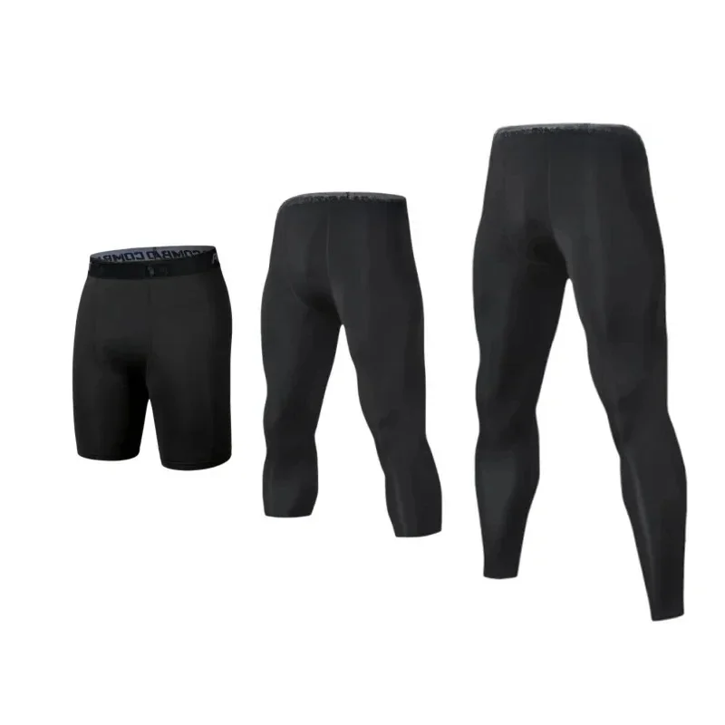 Męskie spodnie kompresyjne, legginsy, szybkoschnące legginsy sportowe, warstwa bazowa, legginsy do biegania, sportowe spodenki treningowe, aktywne szorty. — zdjęcie 2