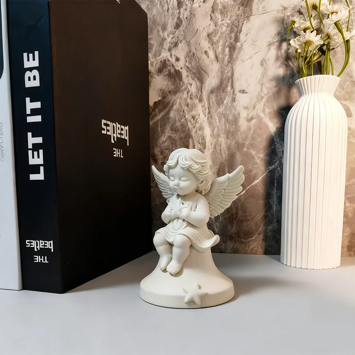 Sitting Angel Figurine, Cute Cherub Statue with Star Base, White Angel Desktop Ornament, Aesthetic Home Decor for Living Room