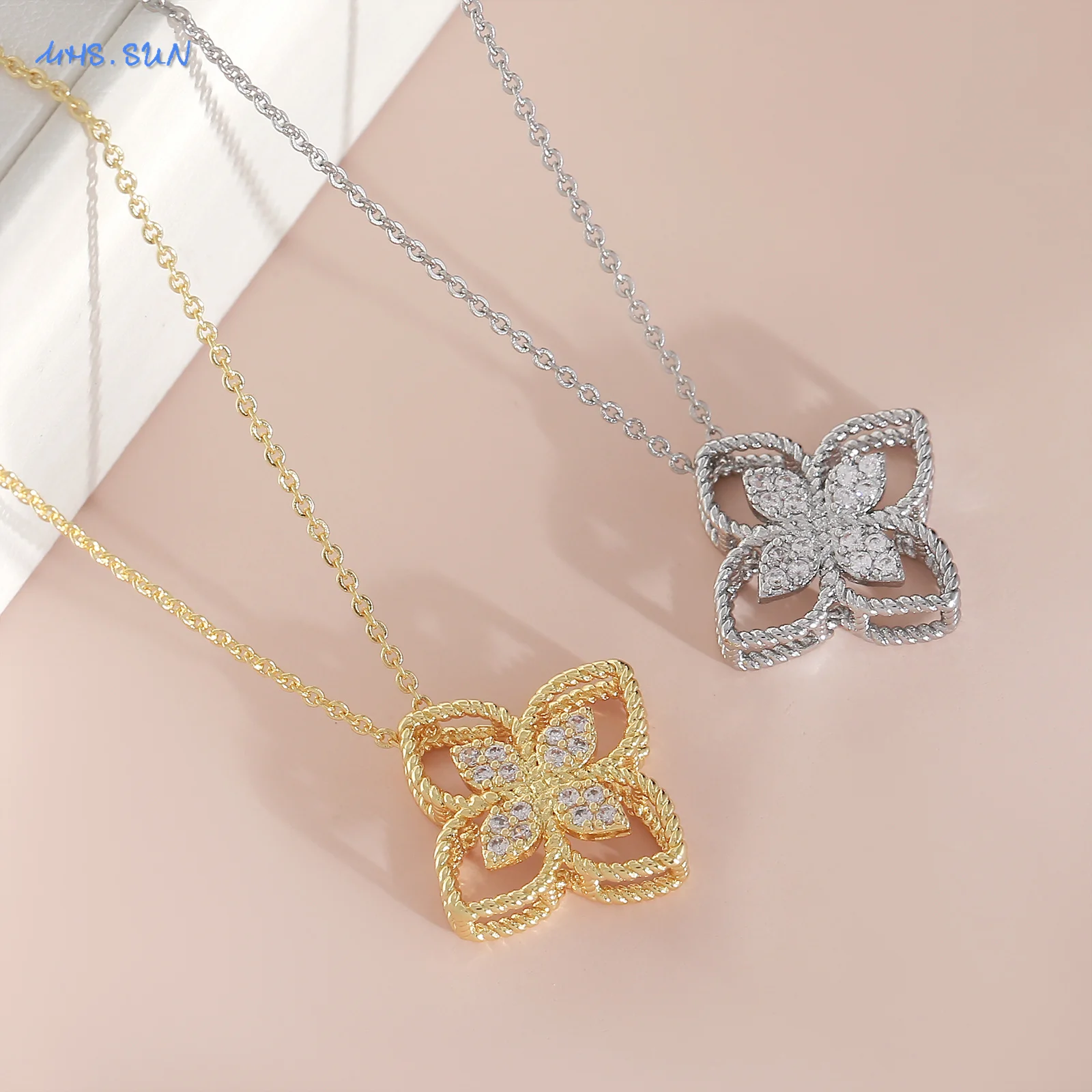 SUNSLL Cubic Zirconia Four Leaf Petal Pendant Necklaces For Women Girls Gold Plated Flower Choker Chain Jewelry Gifts 1PC