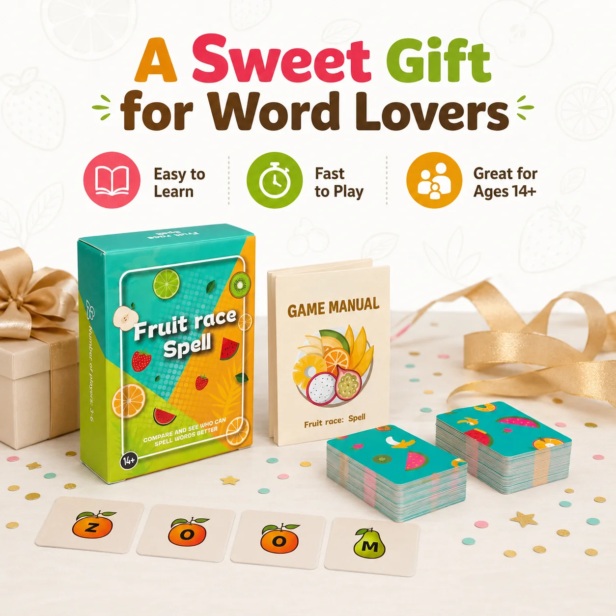 Fruit-Themed Word Spelling Card Game, 3-6 Players, 15-Minute Vocabulary Party Game with 93 Letter Cards, Age 14+