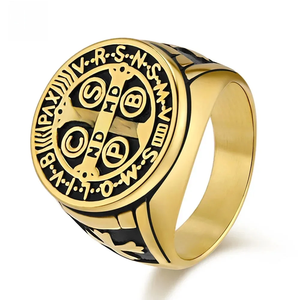 Bague Vintage religieuse en forme de croix chrétienne de Saint benoît pour hommes, Punk Hip Hop motard, bijoux en acier inoxydable, cadeau pour petit ami