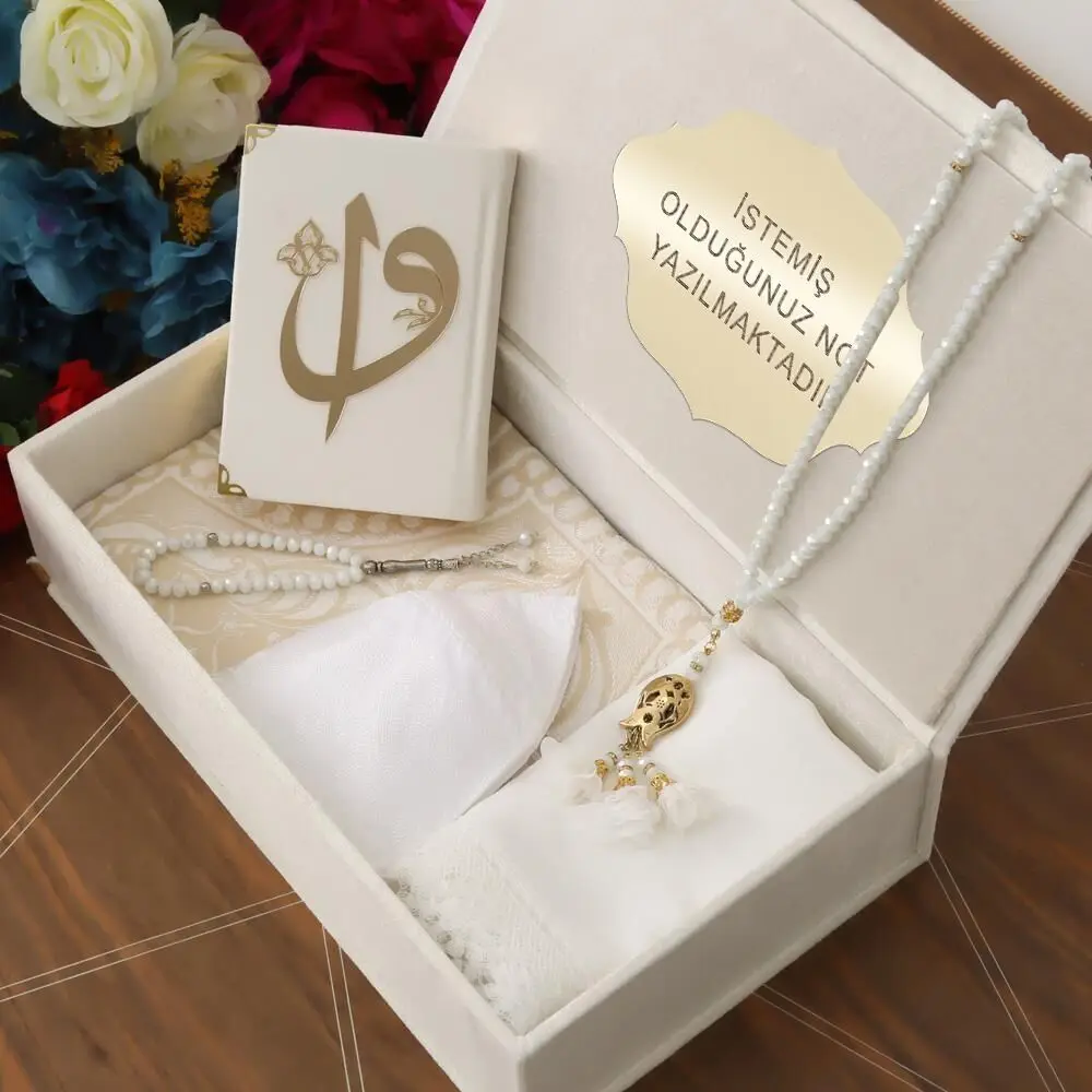 Mother's Special Velvet Box Cream, Prayer Rug, Quran, Skullcap, Shawl, Rosary Gift Set.