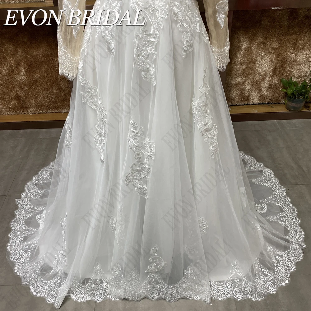 EVON BRIDAL Lange Mouwen Trouwjurken Voor Vrouwen Boho A-Line vestidos de novia burgerlijke Kant Tule Bruidsjurken Op Maat Gemaakt Illusie Appliques Knoop Terug Bruidsjurk Chic Echte Foto Lange mouw trouwjurken voor vr