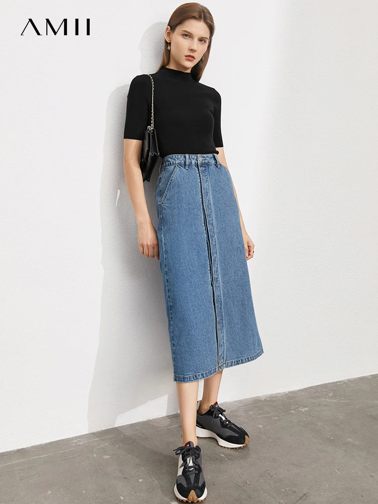 AMII Minimalism 2023 Summer New Women Skirts Retro Fashion Letter Printed Patchwork Office Lady Chic Female Denim Skirt 12322037