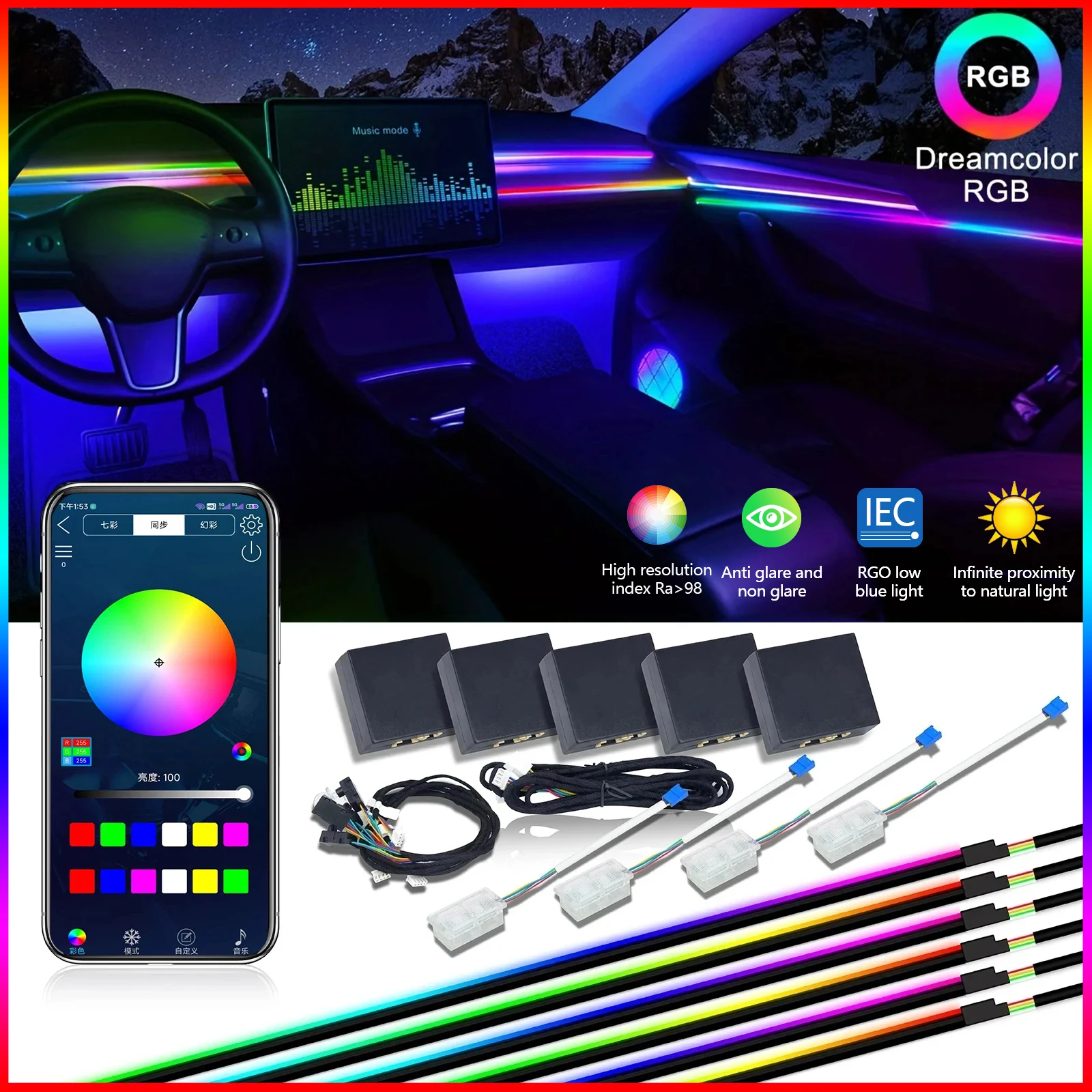 

22 In 1 Neon Lighting Ambient Light Acrylic Strip light Car Led Light Interior Atmosphere Lights Decoration Lamp APP Comtrol