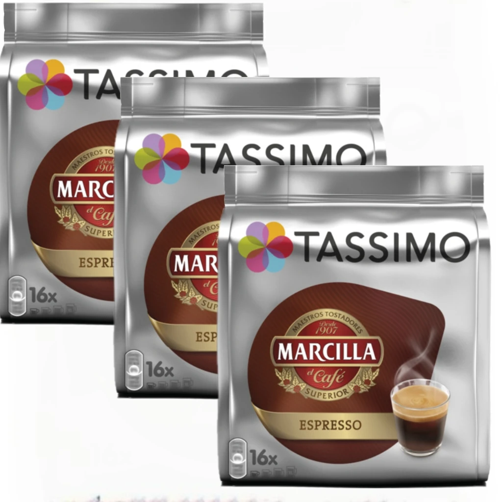 CAFE MARCILLA TASSIMO-pyszny smak-łatwe przygotowanie-różnorodność smaków-kompatybilny z Tassimo-opakowanie po 3 pełen pakiet 48 kapsułek