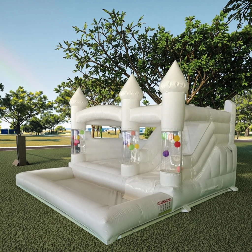 Nowy dmuchany domek do skakania o długości 15 stóp z balonem Wytrzymały biały zamek do skakania z PVC z zjeżdżalnią, domek do skakania z piłeczkami na imprezę