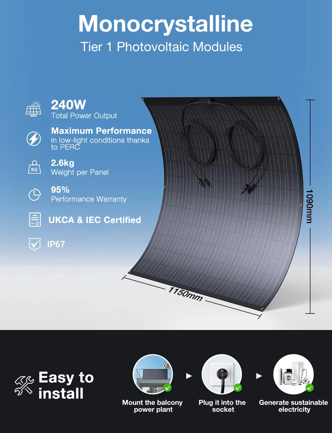 LIONSHEE Flexibles Solarmodul 2er-Pack (insgesamt 480 W), 2 × 240 W 17,55 % monokristallines PERC-PV-Modul, IP67, biegsam für Camping und netzunabhängige Nutzung – Detail 2