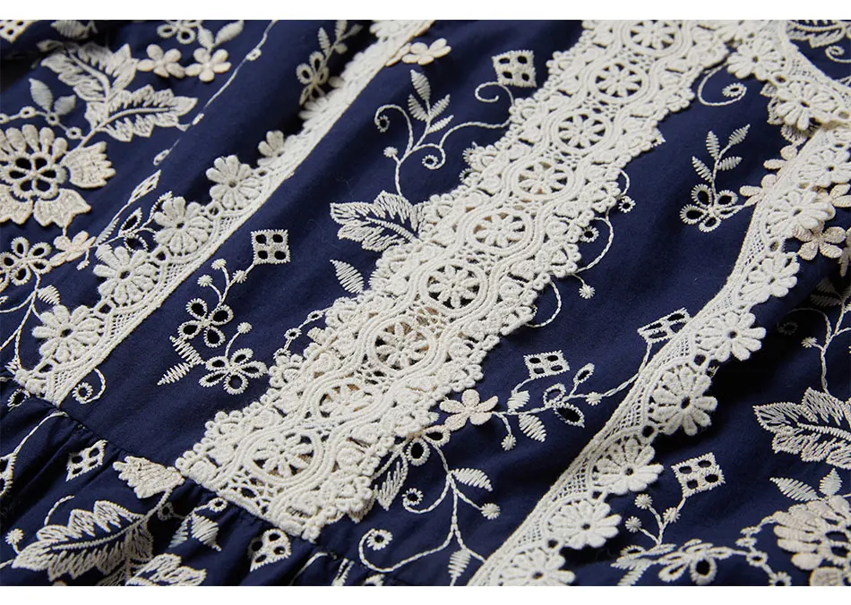 Autumn Winter Original Design Women Mori Girls French Vintage Lace Patchwork Flower Embroidery Navy Blue Cotton Dresses