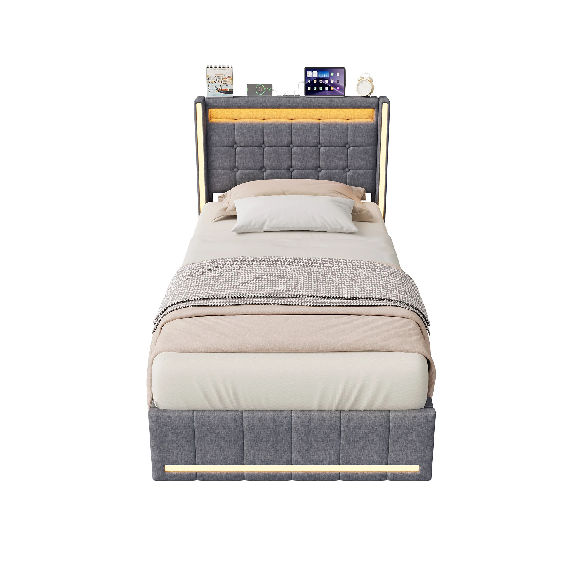 4ft6 Double Bed Frame Upholstered Platform Bed with 4 Storage Drawers & LED Storage Headboard, Linen Beige Functional Beds with LED Lighting & Charging Station,Metal-Wood Support, 3ft/4ft6/5ft bed image 3