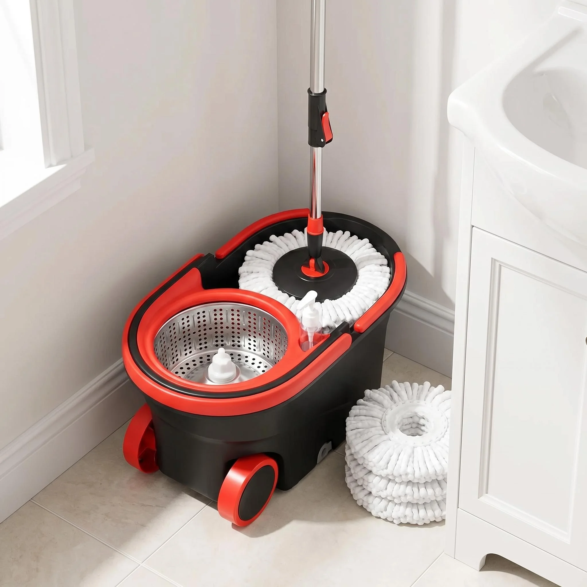 Mopa Giratoria con Cubo (Sin Pedal)，3pcs/setSwivel Mop And Bucket,,can 360° Swive With Wheels,With 3 Microfiber Mop Heads