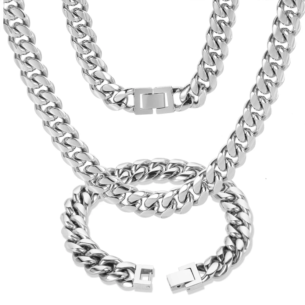 

Stainless Steel Silvery 12mm Link Chains Hip Hop Chunky Heavy Cut Curb Necklace and Bracelet for Men Size From 7.5"