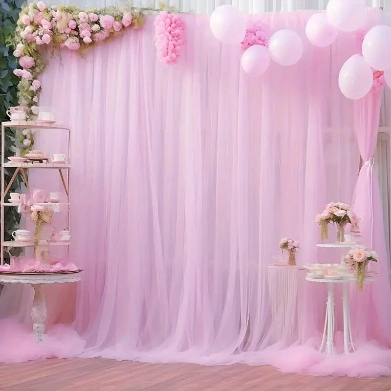 2 Stück transparente Hintergrundvorhänge – aus weichem, rosa Netzstoff, geeignet für Zeremonien, Hochzeiten, Partys und Veranstaltungen. – Detail 4