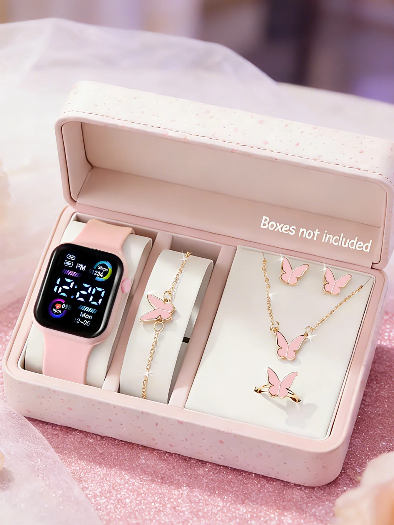6-piece set, children's silicone strap quartz watch paired with a matching butterfly bracelet, necklace, earrings, and ring set, casual and cute, suitable for everyday wear, an excellent gift for Halloween, Christmas, New Year, and birthdays.