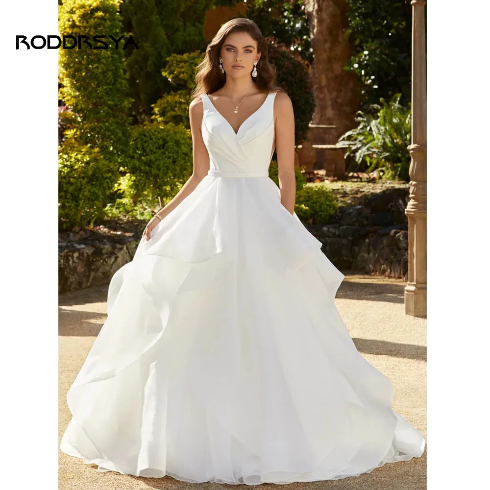 RODDRSYA Civiele Eenvoudige Trouwjurk Voor Vrouwen V-hals Backless Bruidsjurken A-lijn Mouwloze Vestids De Novia Retro Organza  Civiele Eenvoudige Trouwjurk Voor Vrouwen V-hals Backless Bruidsjurken A-lijn Mouwloze Ves