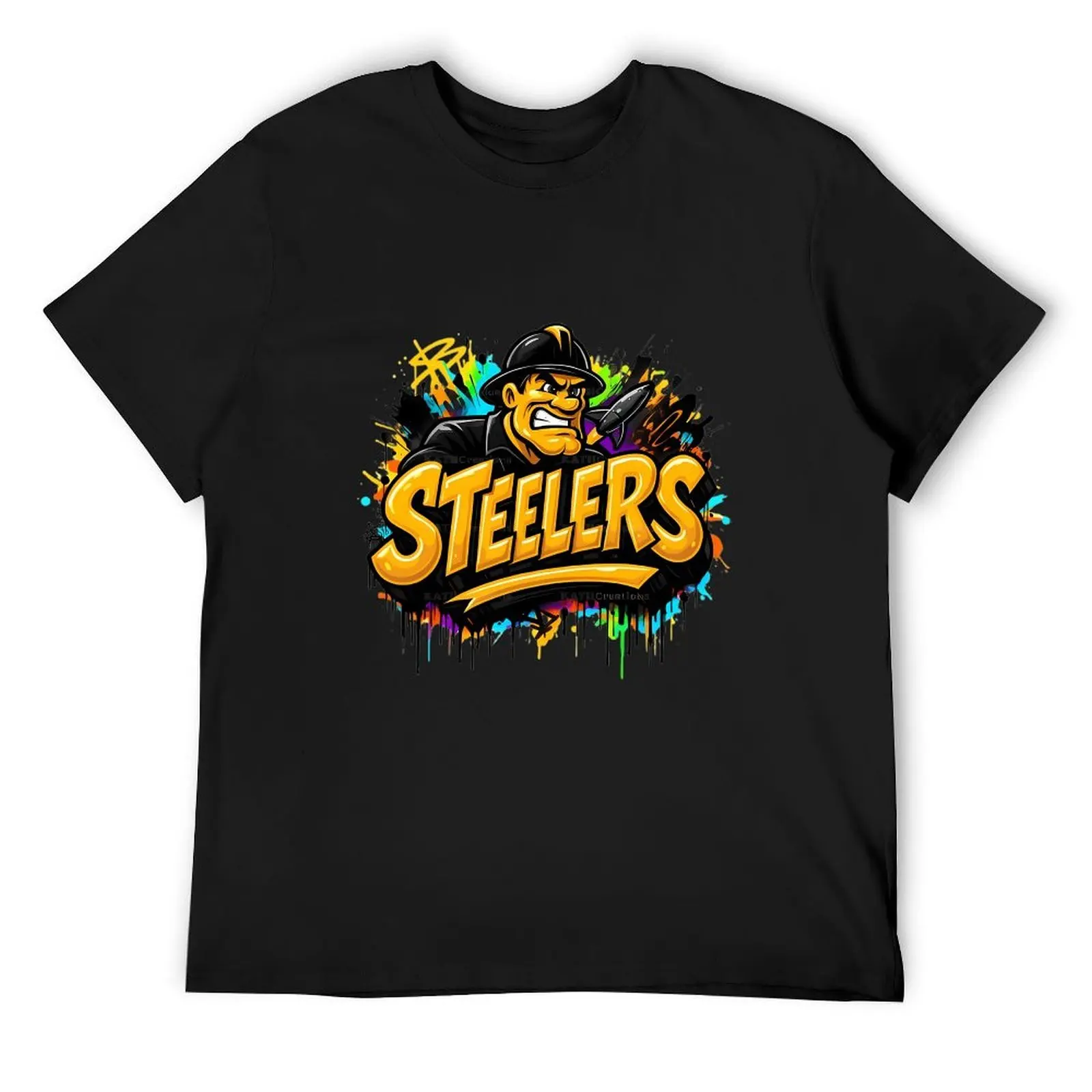Multicolor Splash Steelers Miner Mascot Graffiti T Shirt Oversized Breathable Black Cotton Streetwear Tees