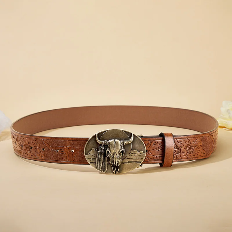 Western Cowboy PU Leather Belt - Men Waist Strap Bull Decoration Floral Engraved for Jeans