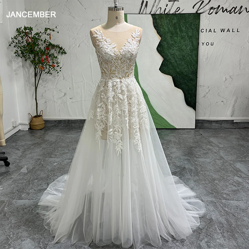 

Elegant A-line Wedding Dresses Women O-Neck Back Illusion Sleeveless Simple Bridal Gowns Court Train Vestidos De Noiva LSSG078