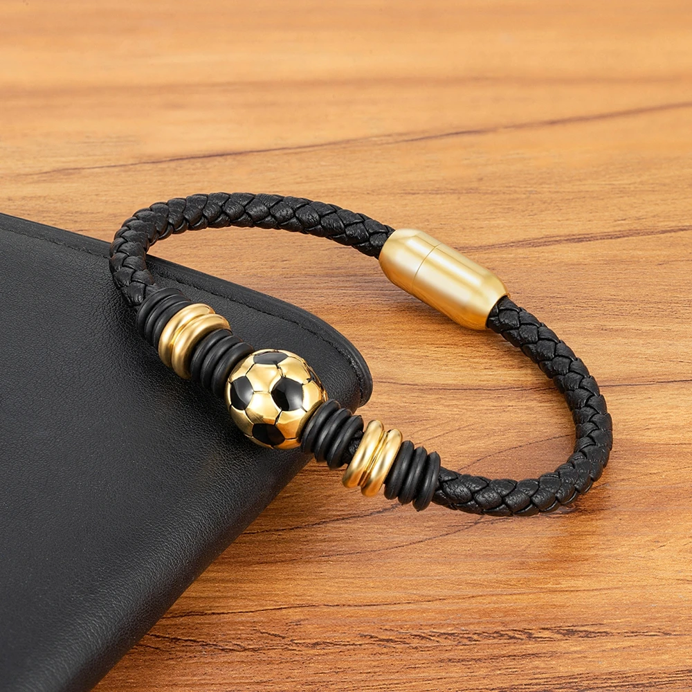 تايو-سوار منسوج بزر من الستانلس ستيل للرجال ، سوار جلدي ، تصميم كرة قدم ، نمط رياضي ، اكسسوارات الصالة الرياضية في الحرم الجامعي ، هدية لكأس العالم