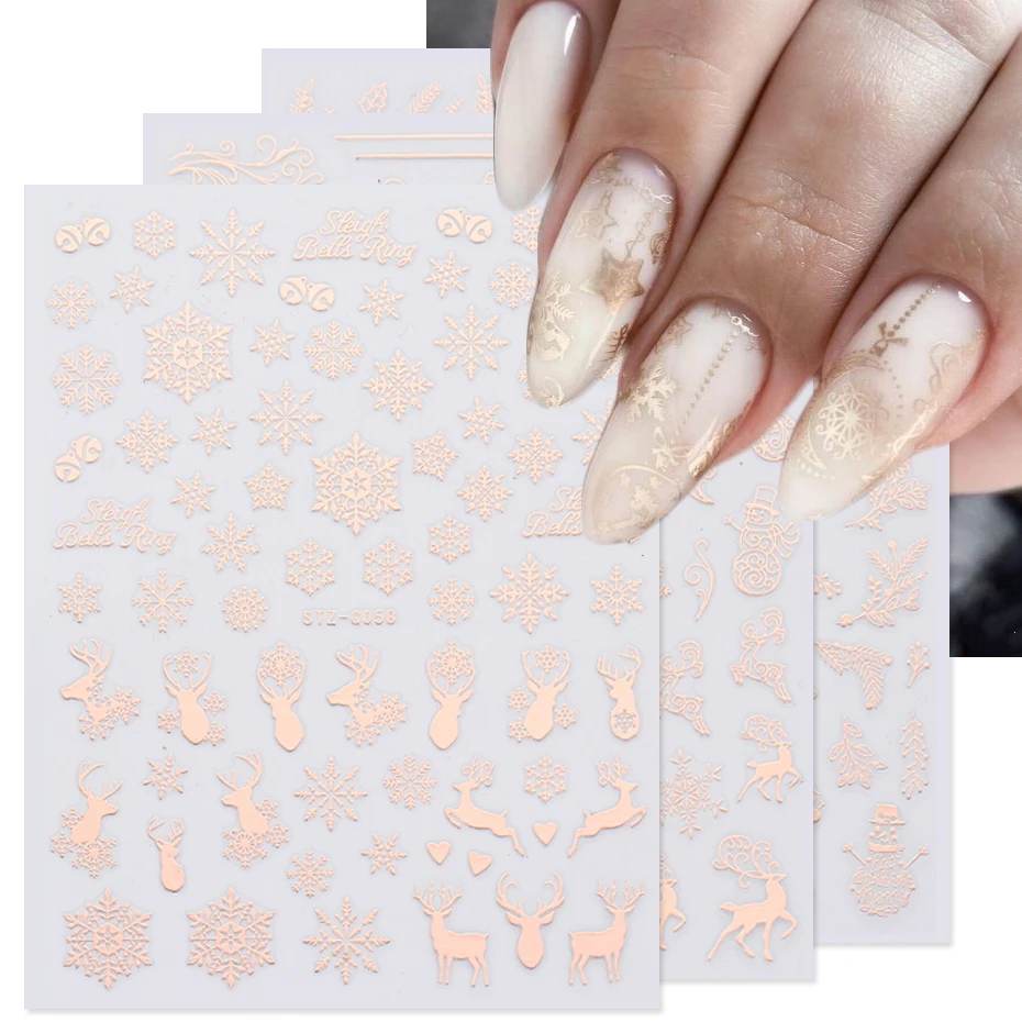 Rose Gold Christmas Nail Sticker Winter Holographic Snowflake Elk Tree Shine Glitter 3D Nail Decals Manicure Decoration BESTZ-G