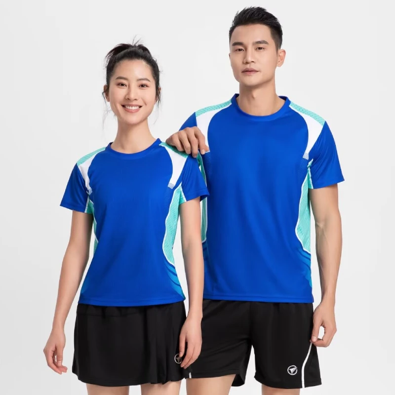 Roupa de badminton para homens e mulheres, camiseta com gola redonda, tops de manga curta, tênis de mesa, roupa esportiva 2023