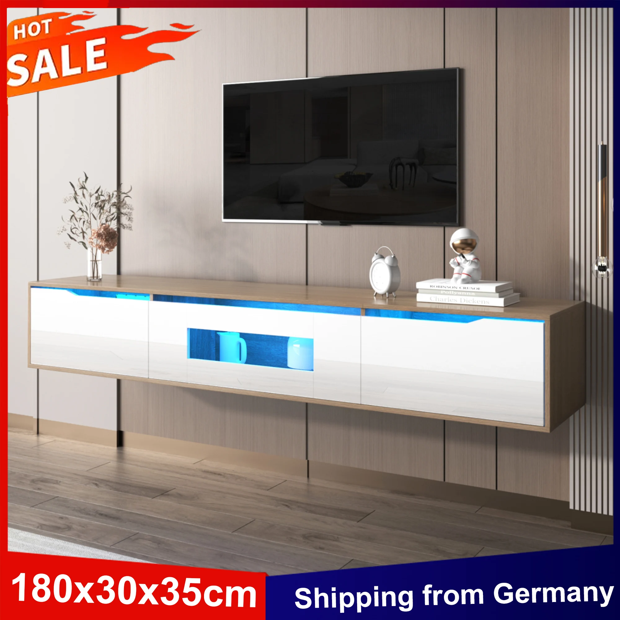 Anajqaqia Meuble TV 180x35x30 cm, meuble TV brillant, meuble TV mural moderne avec lumière LED 16 couleurs, panneau TV pour salon
