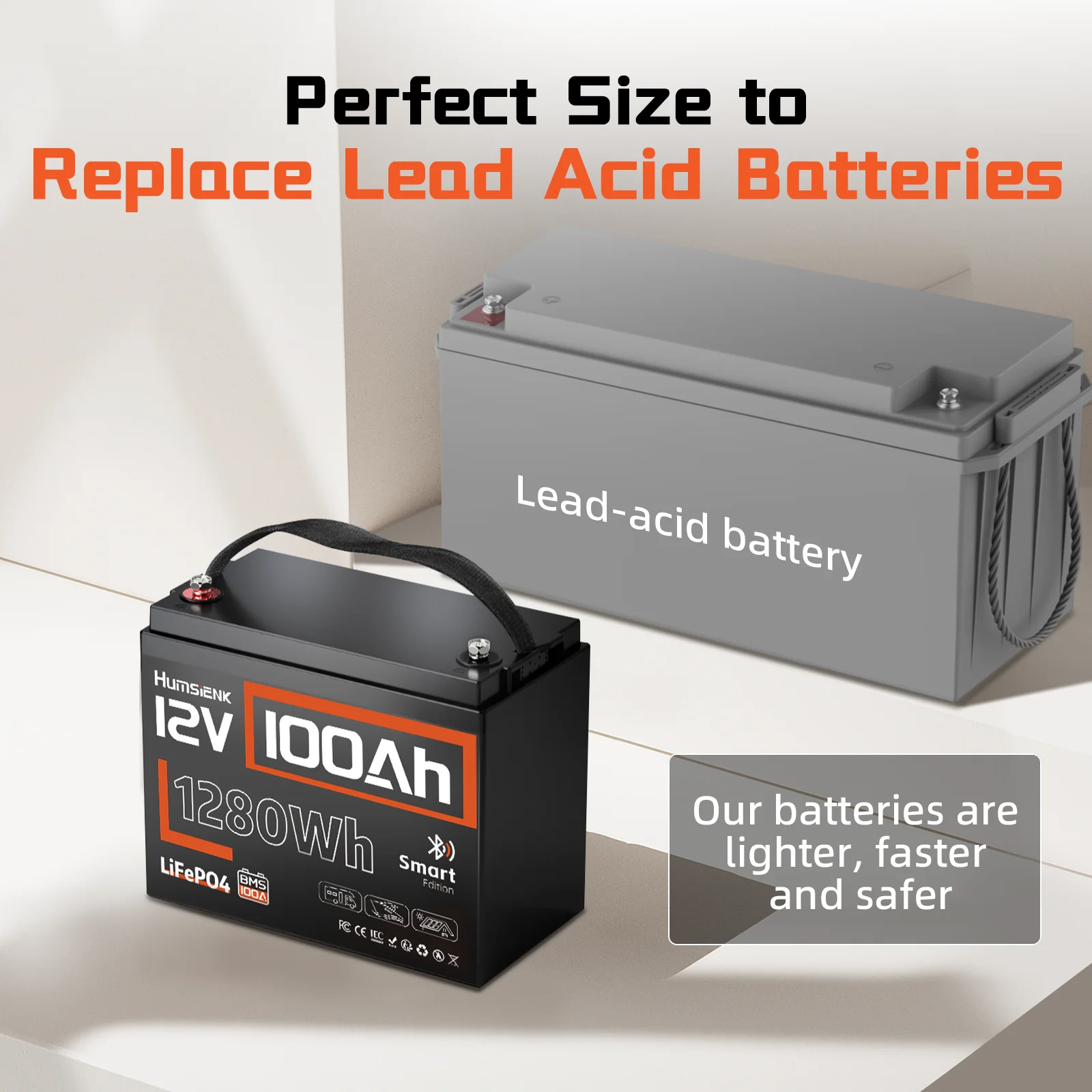 Humsienk Smart BlueTooth LiFePO4 12V100Ah Lithium Battery Packs Grade A+ Cell Built-in 100A BMS For RV Camping  Marine Golf Cart