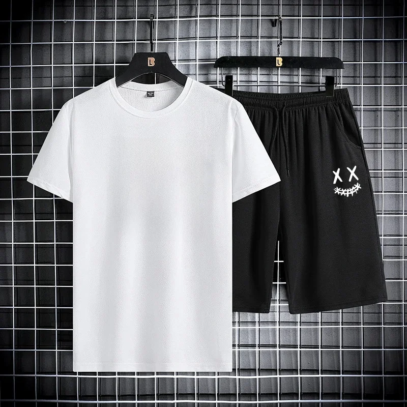 Męski letni strój sportowy z okrągłym dekoltem i krótkim rękawem T-shirt spodenki pięć czwartych slim fit modny dwuczęściowy zestaw odzieży męskiej — zdjęcie 2