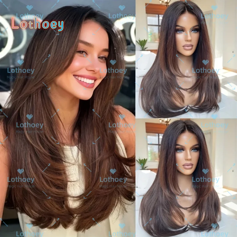 Прямой прозрачный парик спереди на шнуровке — мокко-коричневые многослойные волосы, бразильские человеческие волосы Remy с натуральной линией волос, предварительно отбеленные и