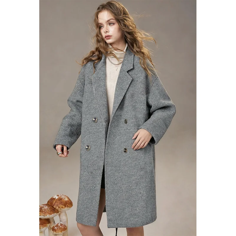 ELFSACK 2025 Winter New Arrivals Elegant Preppy Classic Solid Lapel Wool Blend Trench Coat For Women