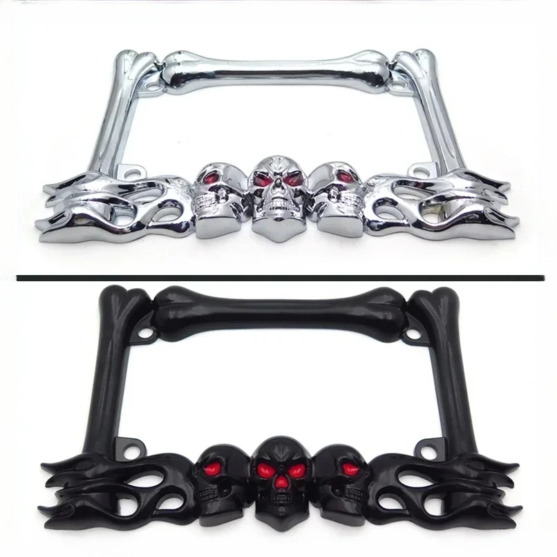 Akcesoria Cruiser Rama tablicy rejestracyjnej motocykla z czaszką i płomieniem (chrom) czarna do części motocyklowych Harley Davidson Aftermarket — zdjęcie 2