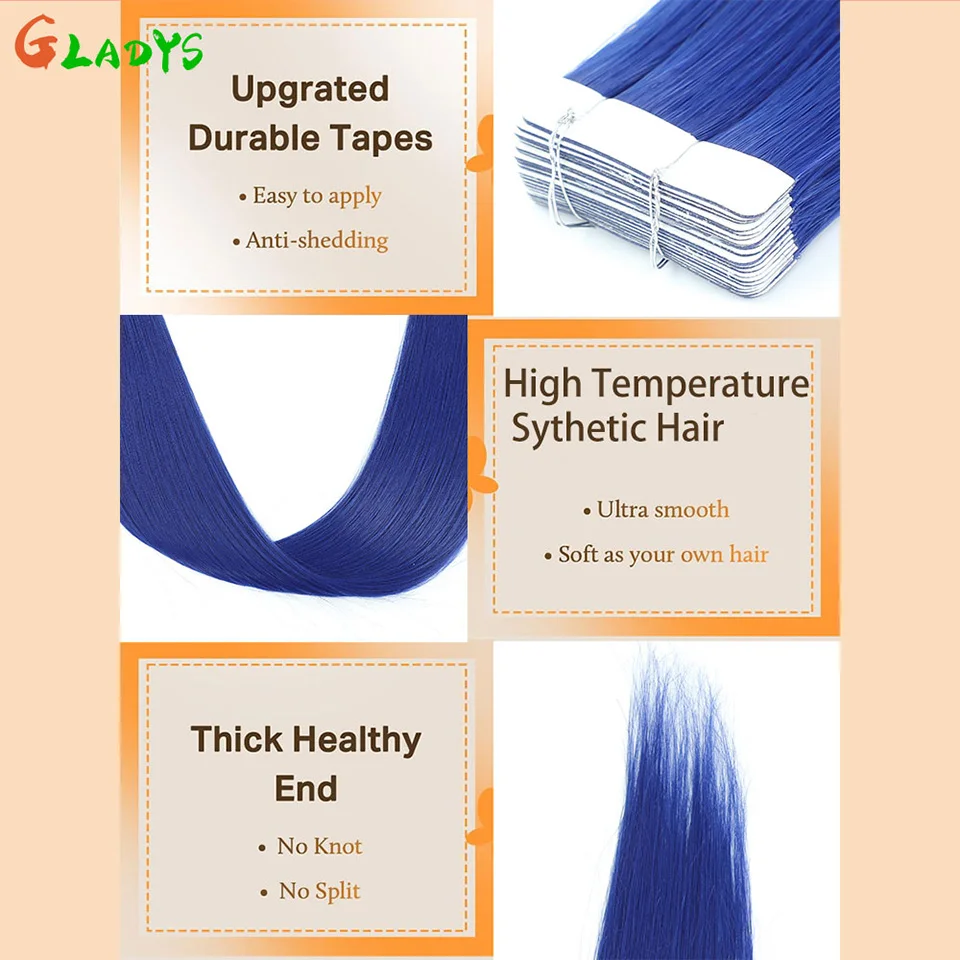 شريط أزرق مستقيم في وصلات الشعر، شريط لاصق مزدوج الجوانب من الألياف بدرجة حرارة عالية، وصلات شعر صناعية للنساء