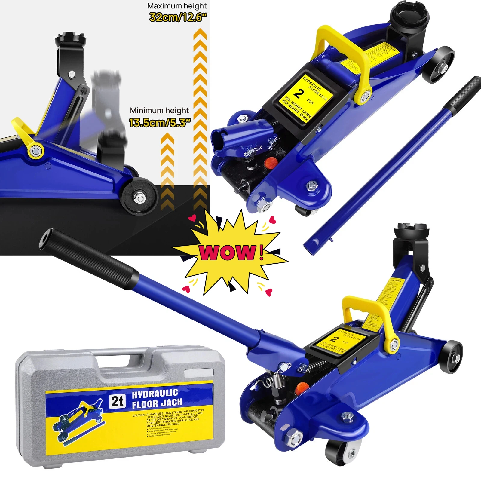 Gato hidráulico portátil DayPlus de 2 toneladas con mango de acero y estuche de transporte – Rango de elevación 135-320 mm, ideal para cambio de neumáticos, bricolaje