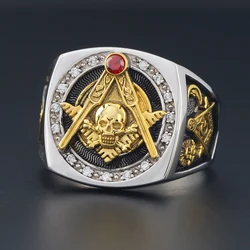 Masonic Skull And Bones Biker Freemason Sun Moon Illuminati Sterling Silver Ring
