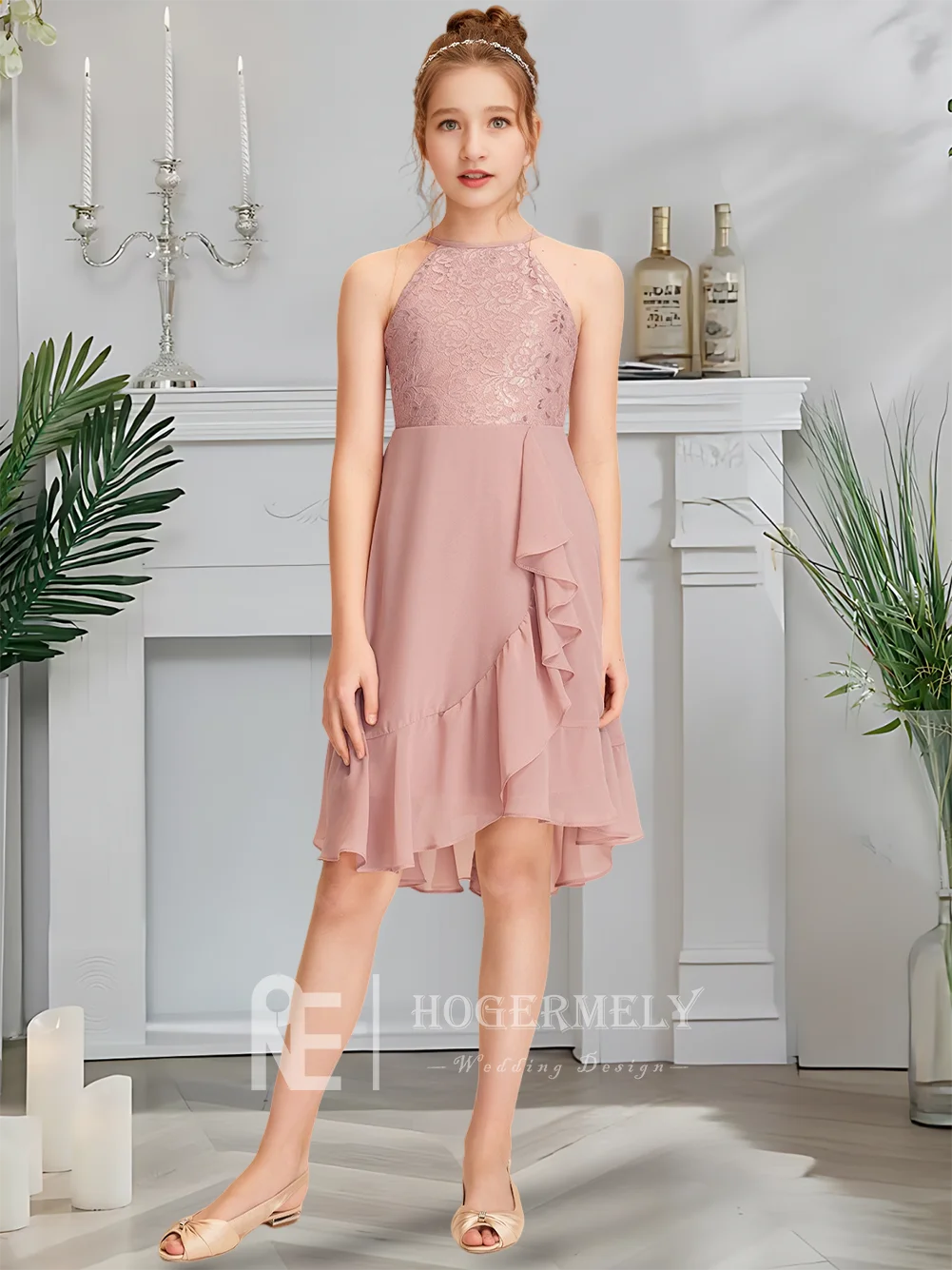 หรูหรา Halter จูเนียร์ชุดเพื่อนเจ้าสาว Twilight Blush ดอกไม้สาวชุดไม่สมมาตรชีฟองลูกไม้ Cascading Ruffles งานแต่งงาน