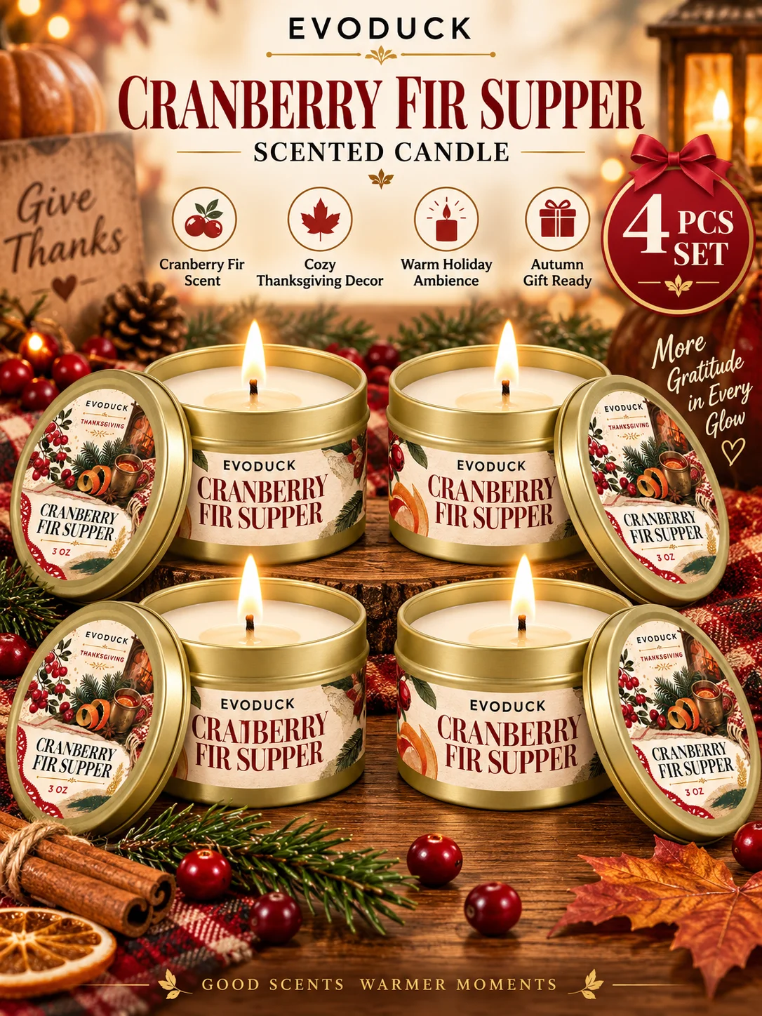 4Pcs Apple Cider Welcome Scented Candles Set 3oz Gold Tin Jar Thanksgiving Farmhouse Fall Decor Gift for Friend Coworker Mom Her