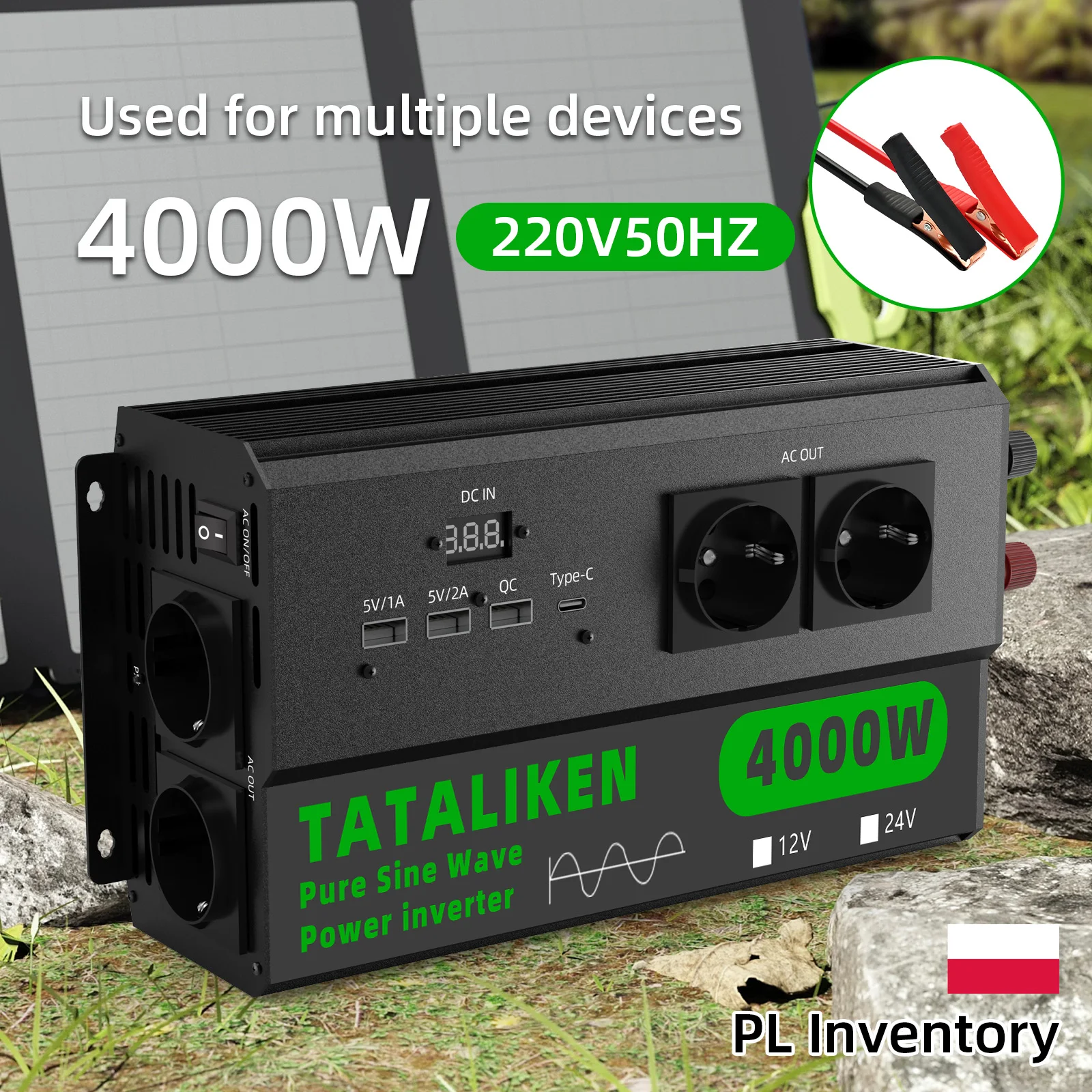 Inverter da 9000W, da 12V a 220V AC 50HZ, con ventola di raffreddamento intelligente, presa europea e porte USB, convertitore portatile per camper, campeggio e uso domestico.