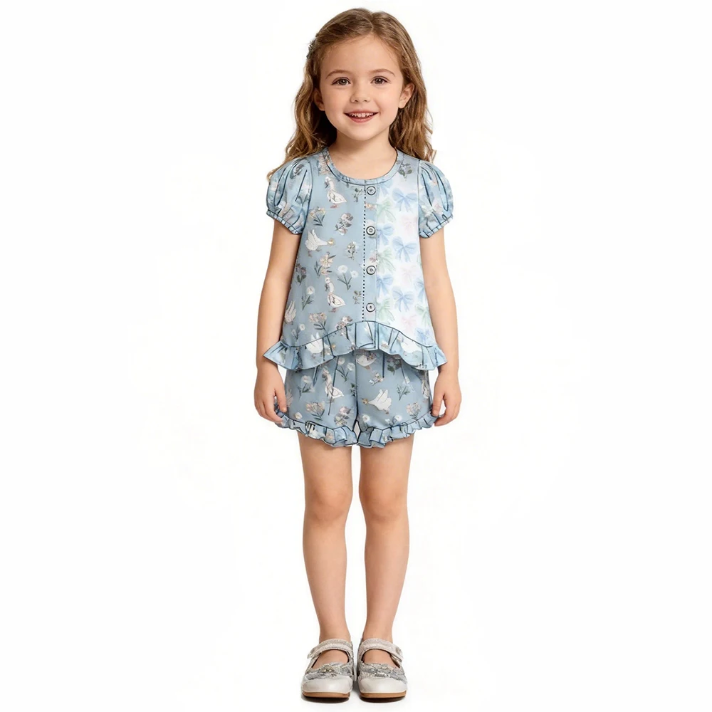 Toddler Girls 2 Piece Outfit Puff Sleeve Ruffle Hem Top & Ruffle Shorts Set Duck Bow Print Boutique Kids Clothes
